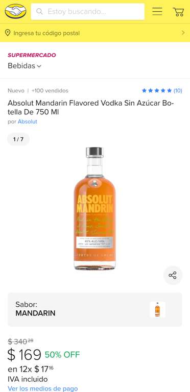 Mercado libre: Vodka Absolut Mandarin al 51% de descuento