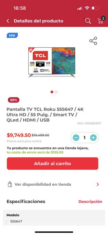 Office Depot: Pantalla TV TCL Roku 55S647 / 4K Ultra HD / 55 Pulg. / Smart TV / QLed / HDMI / USB