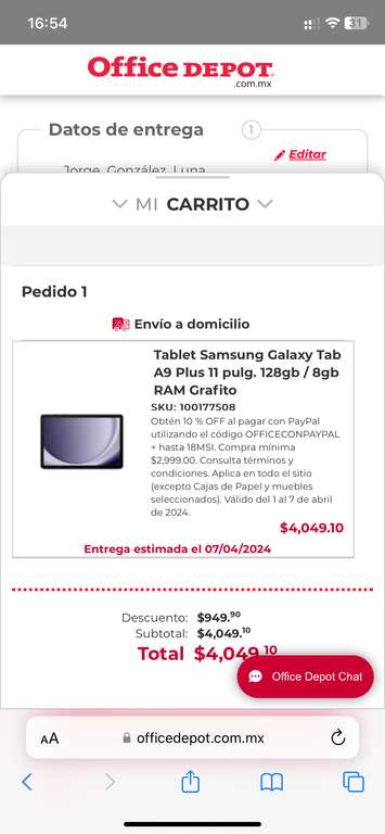 Office Depot: Samsung Galaxy Tab A9 plus mejor precio pagando con PayPal