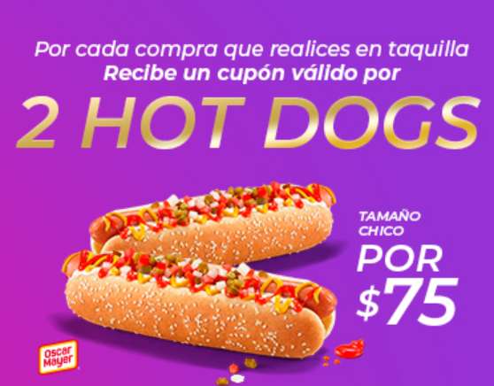 Cinépolis: Cupón 2 Hot dogs chicos por $75 al comprar en taquilla + Puntos dobles al comprarlos y usar Club Cinépolis