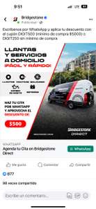 BRIDGESTONE servicios Automotrices a Domicilio cupón $500 MNX