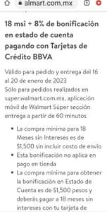 WALMART SUPER Y BBVA: 18 MSI + 8% de bonificación en estado de cuenta (compra mín $1500)