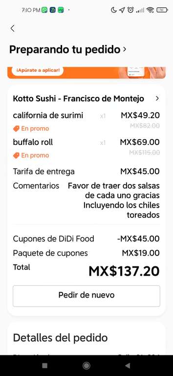 DiDi Food: Paquete de 4 envíos gratis por $19