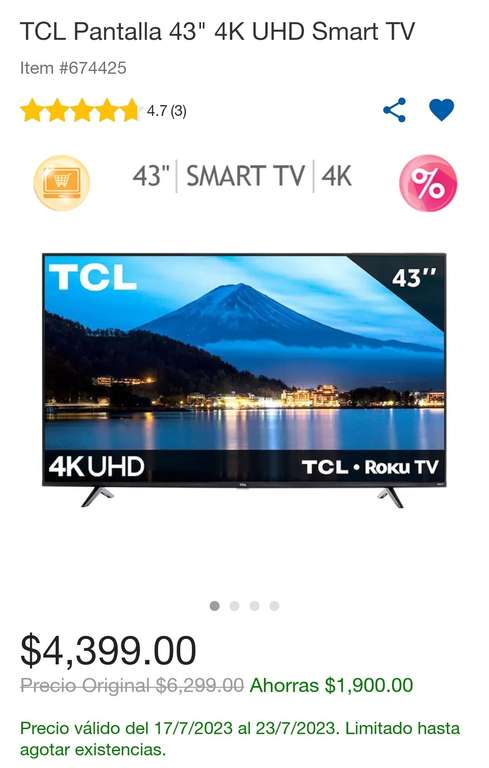 Costco: TCL Pantalla 43" 4K UHD Smart TV sin promos bancarias