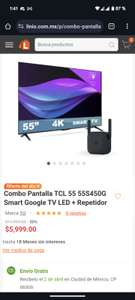 Linio: Combo Pantalla TCL 55" Smart Google TV LED + Repetidor | Pagando con PayPal