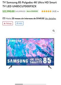Walmart: TV Samsung 85 Pulgadas 4K Ultra HD Smart TV LED UN85CU7000FXZX con bbva a 12 msi