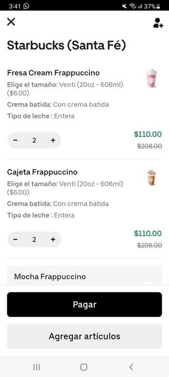 Uber eats: Starbucks Santa fe bebidas frías al 2x1