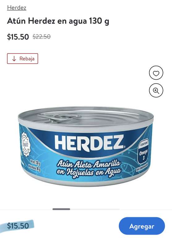 Atún Herdez Agua / Aceite 130 gramos $15.50 (Walmart En línea y físico)
