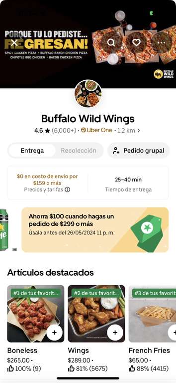 Uber Eats: Boneless y papas por 99, Buffalo Wild Wings - CDMX