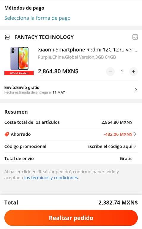 AliExpress: Celular Xiaomi REDMI 12C ( 3GB/64GB ) VERSIÓN GLOBAL