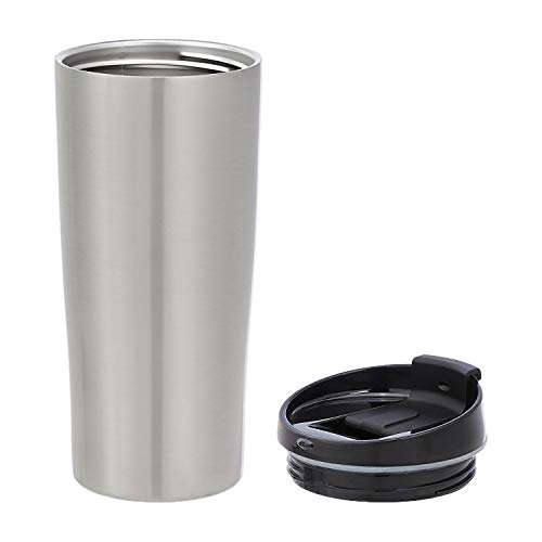 Amazon Basics - Vaso de acero inoxidable con tapa abatible, aislado al vacío, 20 onzas, paquete de 2, color plateado