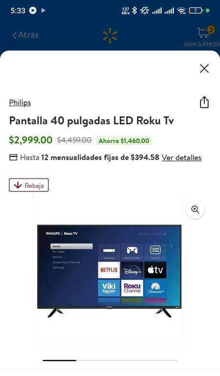 Walmart: Pantalla 40 pulgadas LED Roku Tv