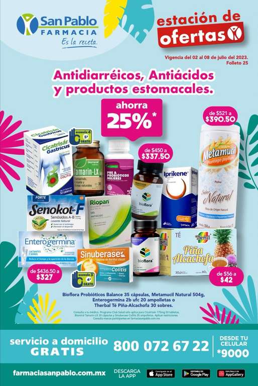 Farmacias San Pablo: 2° Folleto Estación de Ofertas: 25% desc. en antidiarréicos, antiácidos, estomacales, en tiras y lancetas, y más