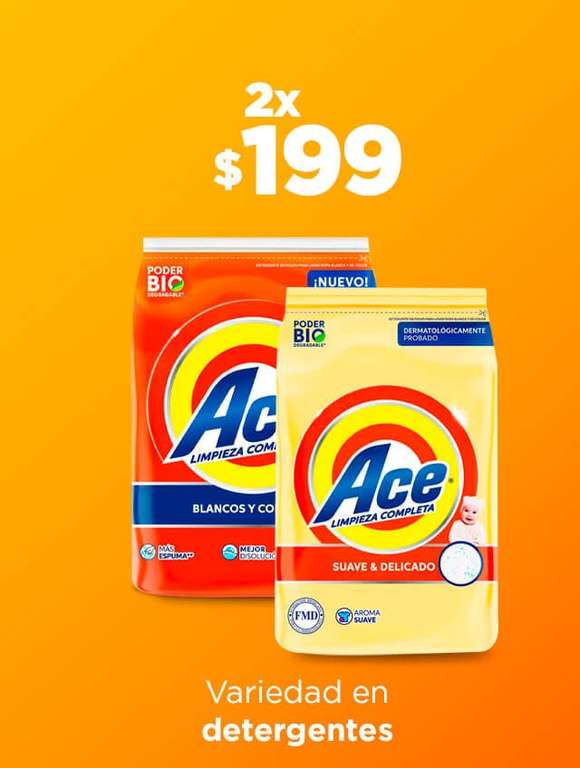 Chedraui: 2x$199 en variedad de Detergentes Ace 4 Kg