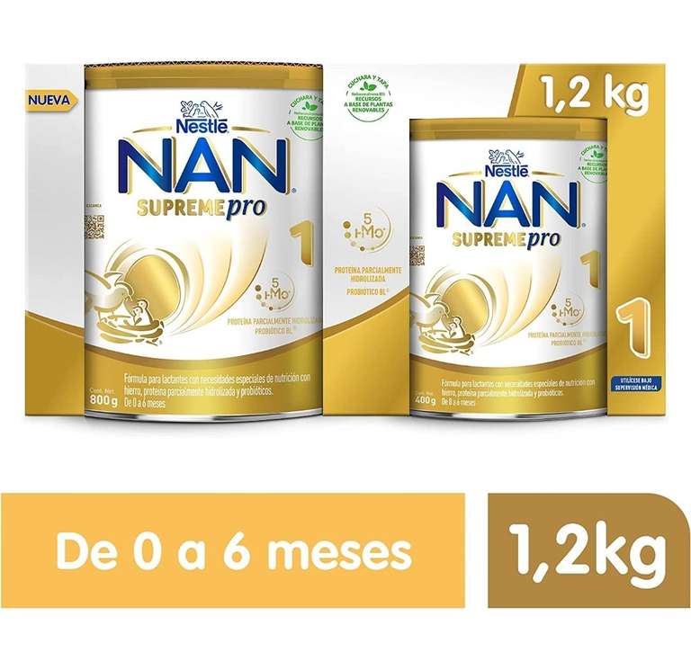 Amazon: NAN Fórmula Infantil Supreme Pro etapa 1, de 0 a 6 Meses, 1 Lata de 800G + 1 Lata de 400G (total 1.2kg, super precio)