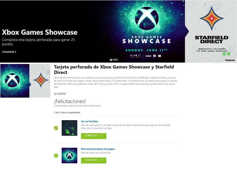 Xbox: 25 Puntitos Gratis Rewards con 2 Clics en Tarjeta Perforada Xbox Games Showcase y Starfield Direct