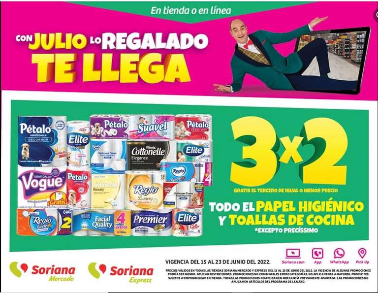 Soriana: Julio Regalado 3 x 2 en Papel Higiénico y toallas de cocina