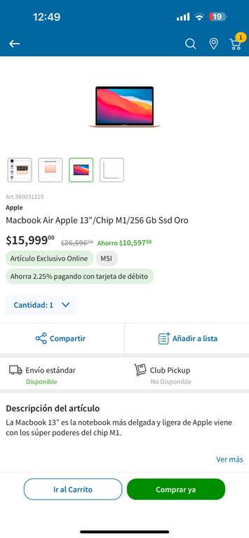 Sam’s Club: MacBook Air M1 256GB (TDC BBVA digital a 12 MSI)