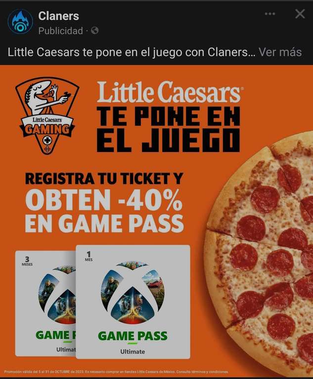 Claners: Descuento de 40% en Game Pass con Ticker de Little Caesars