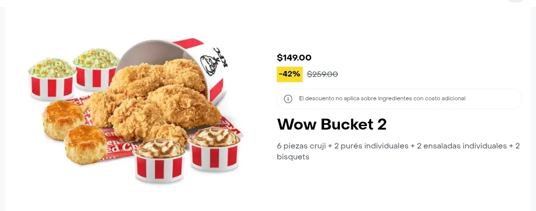Rappi: KFC: WOW Bucket 2, 6 piezas,2 pures, 2 ensalada y 2 bisquets