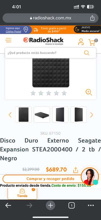 RadioShack: Disco Duro Externo Seagate Expansion STEA2000400 / 2 tb / Negro