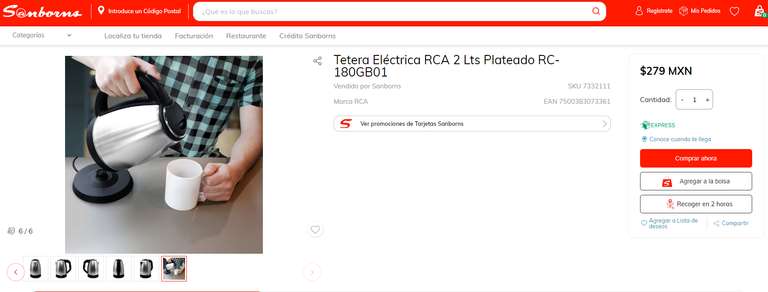 SANBORNS en linea - Tetera Eléctrica RCA 2 Lts Plateado RC-180GB01