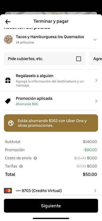 Uber Eats: 14 Tacos de Pastor x 50 pesos [Uber one] - Tacos y Hamburguesas los quemados