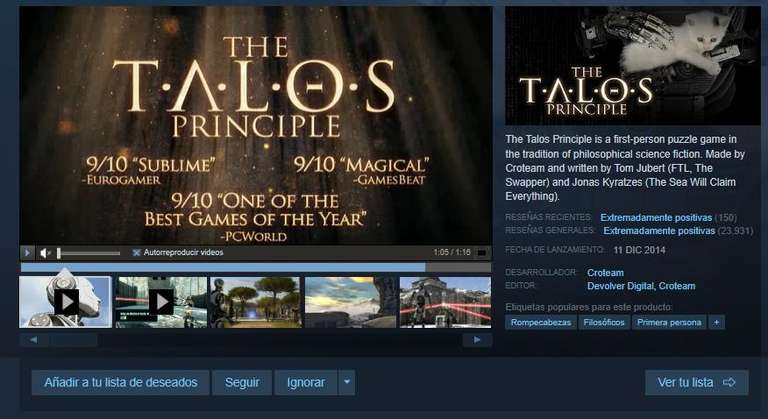The Talos Principle (Steam) - 90% de descuento en juego de acertijos filosóficos para PC!