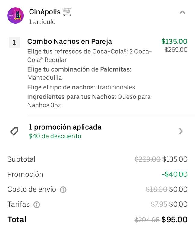 Uber Eats [Cinépolis]: Combo Nachos en Pareja $95