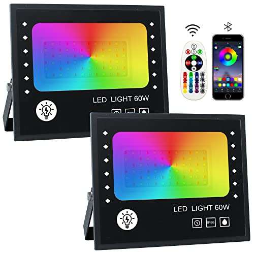 Amazon - 2 Pack Reflectores para Exteriores RGB+UV 60W Equivalente a 600W con Bluetooth y Control Remoto, IP66
