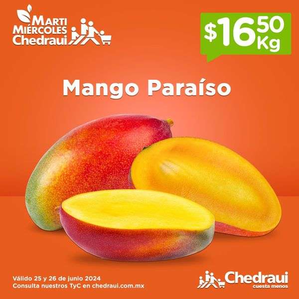 Chedraui: MartiMiércoles 25 y 26 Junio: Jitomate $14.50 kg • Mango Paraíso $16.50 kg • Uva Roja s/Semilla $19.50 kg • Manzana Roja $27.50 kg