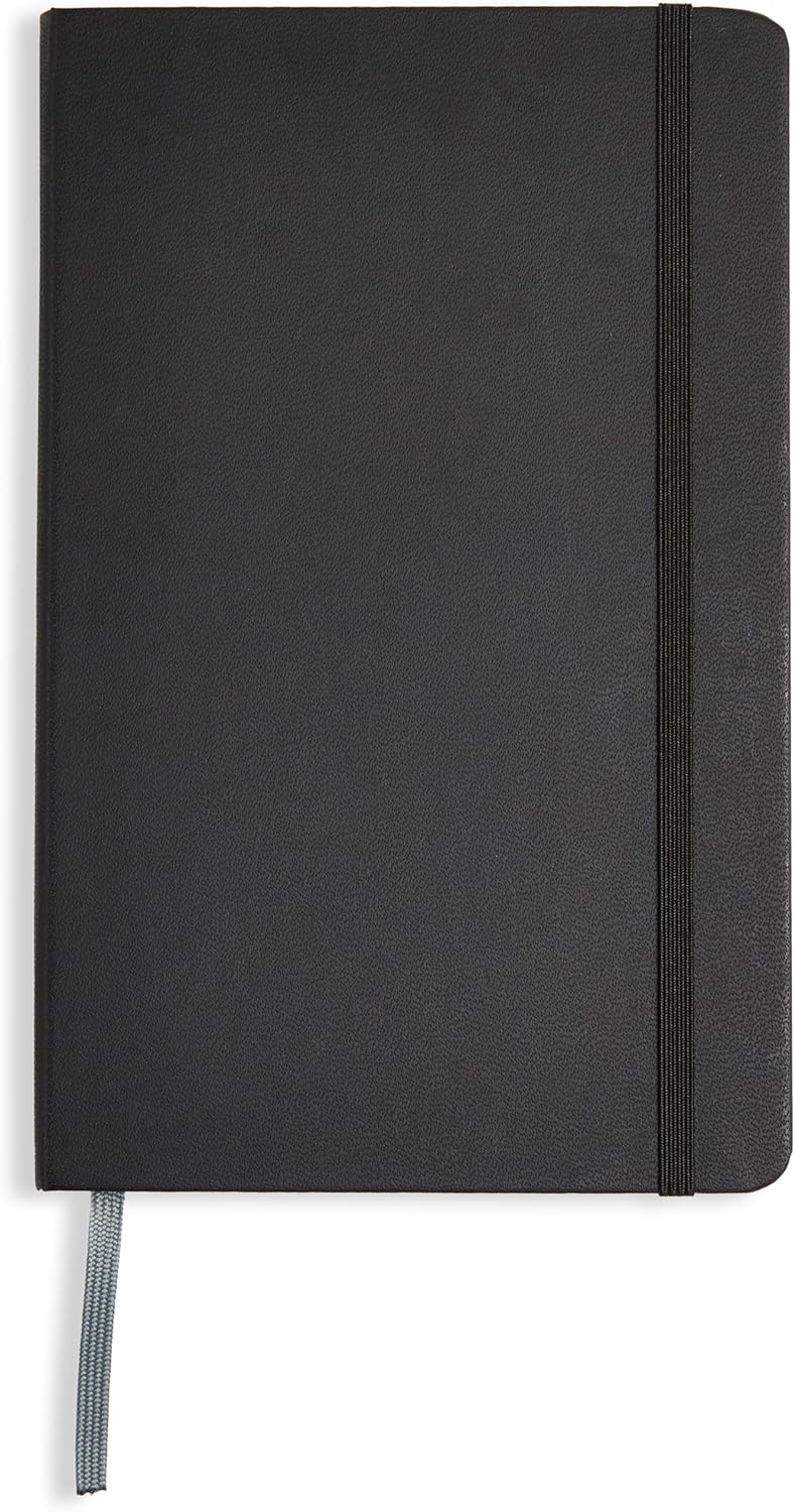 Amazon Basics - Cuaderno con forro clásico, 240 páginas, de rayas, tapa dura negra, 12.7 cm x 21 cm | Planea y Ahorra