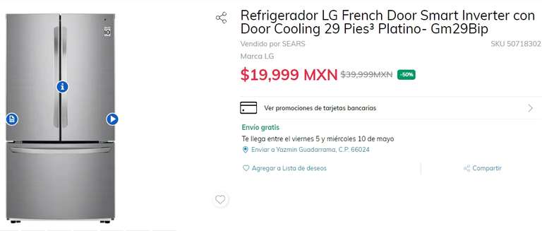 Sears: Refrigerador LG French Door Smart Inverter con Door Cooling 29 Pies³ Platino- Gm29Bip paypal y hsbc