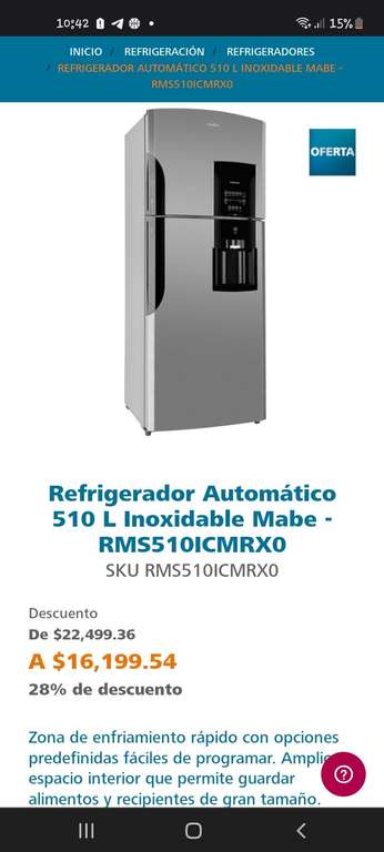 MABE: Refrigerador Automático 510 L Inoxidable Mabe
