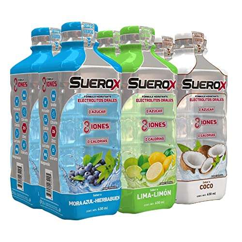 Amazon: 6 Pack SUEROX, hidratante sabor 2 COCO, 2 LIMA- LIMÓN, 2 MORA AZUL, 6 botellas con 630 ml c/u