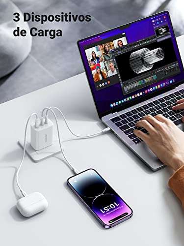 Con este cargador UGREEN de 65W podrás cargar 3 dispositivos al