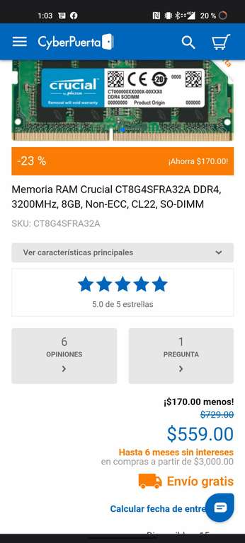 CyberPuerta: Memoria RAM 8GB para laptop Crucial 3200mhz DDR4