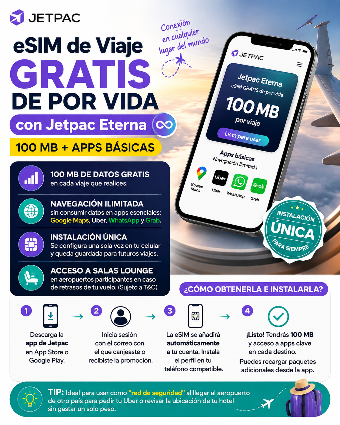 eSIM Gratis Por Vida con Jetpac Eterna (100 MB + Apps Básicas)