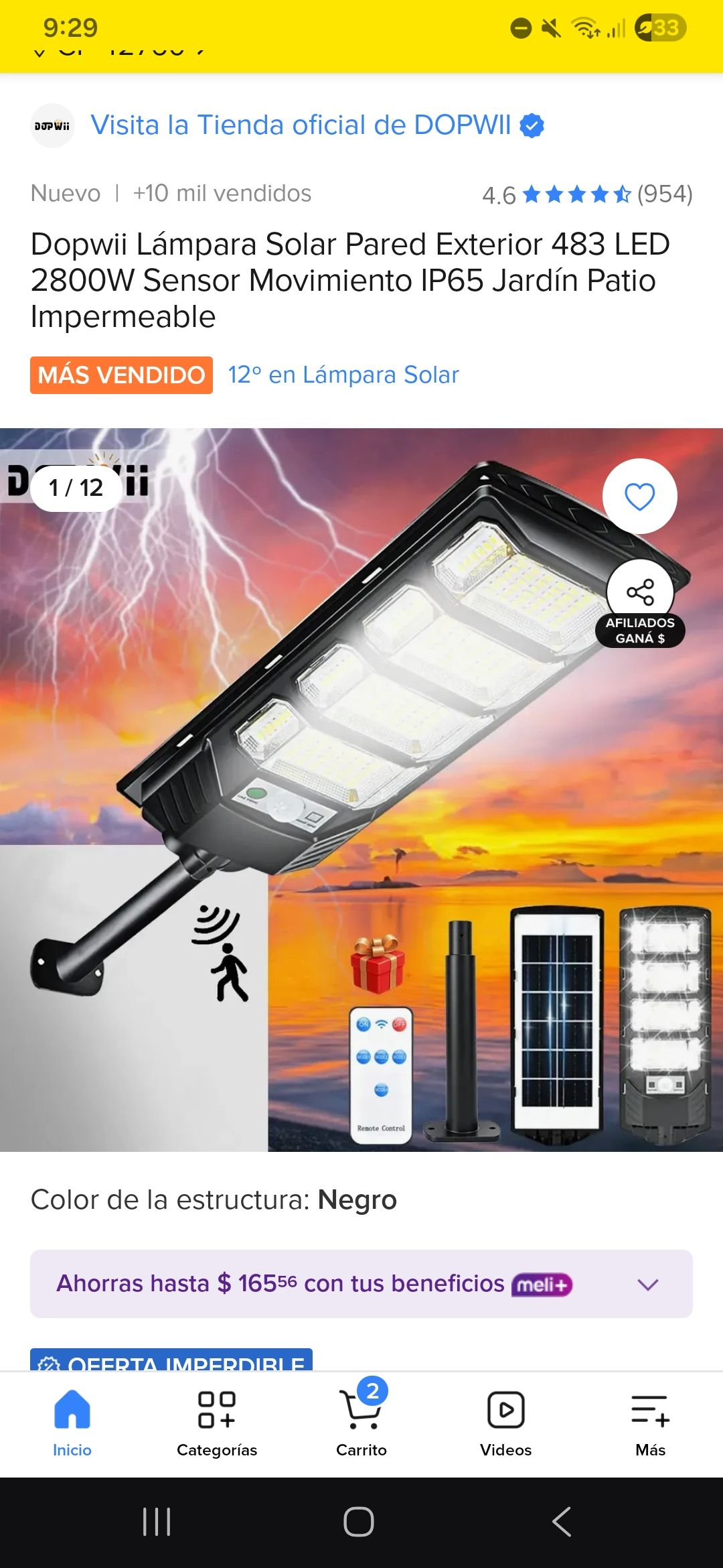 Mercado Libre: Dopwii Lámpara Solar Pared Exterior 483 LED 2800W Sensor Movimiento IP65 Jardín Patio Impermeable