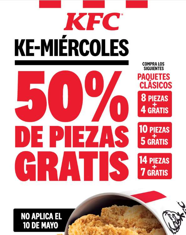 KFC: Ke-miércoles 50% de piezas adicionales gratis
