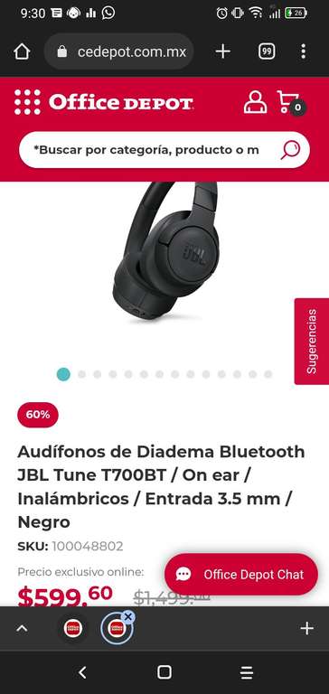Office Depot: Audífonos de Diadema Bluetooth JBL Tune T700BT / On ear / Inalámbricos / Entrada 3.5 mm / Negro | recoger en tienda