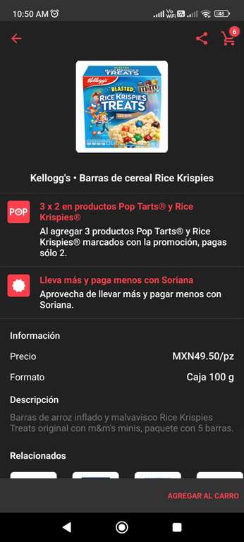 6 cajas de barras de arroz inflado Kellog's en $81, promoción cruzada en cornershop, soriana