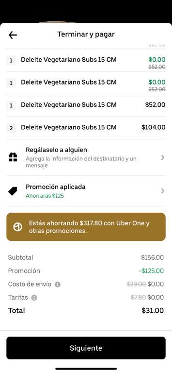 Uber Eats: Subway Taxqueña vegetariano 6x$31