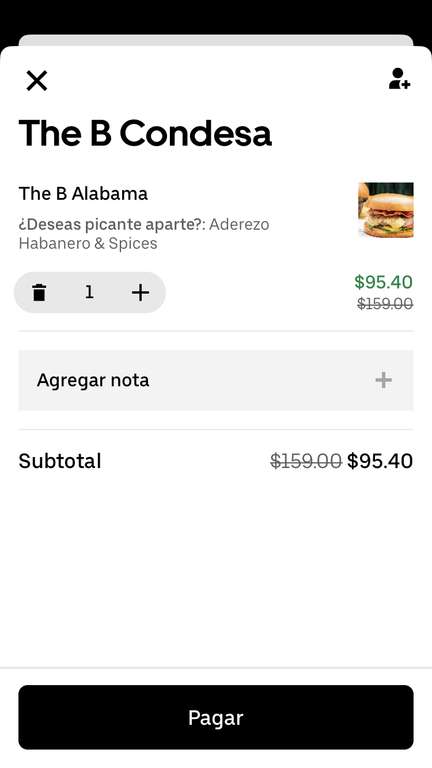 Uber Eats: “The B Condesa” hamburguesa "The B Alabama" con descuento (más en descripción)