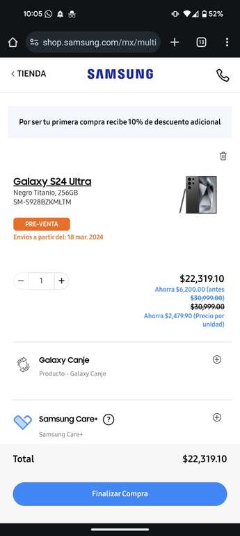Samsung Store Estudiantes: S24 Ultra 256Gb ($22319.1 con Primera compra)