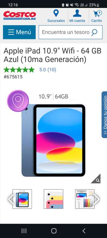 Costco: Apple iPad 10.9" Wifi - 64 GB Azul (10ma Generación) y TDC banorte