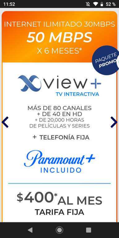 Megacable: Triple pack, 50 Mbps, TV, Tel y Paramount + a $400, Tarifa fija