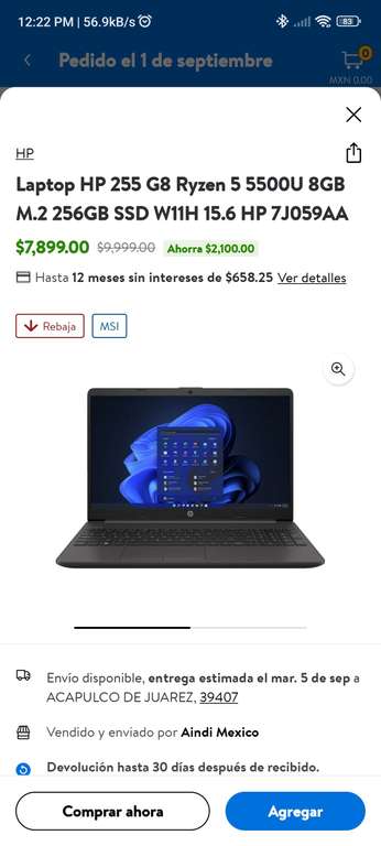 Walmart: Laptop HP 255 G8 Ryzen 5 5500U 8GB M.2 256GB SSD W11H 15.6 HP 7J059AA