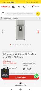 Elektra: Refrigerador Whirlpool 17 Pies Top Mount WT1736N Silver