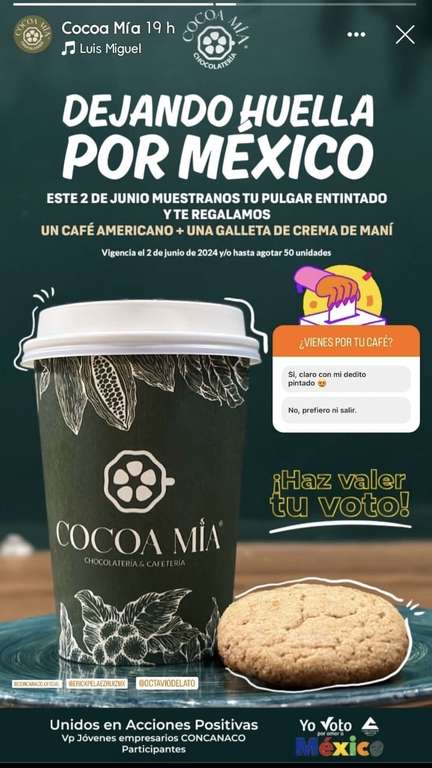 Cocoa mia: café y galleta gratis por votar (2 de junio) - Villahermosa